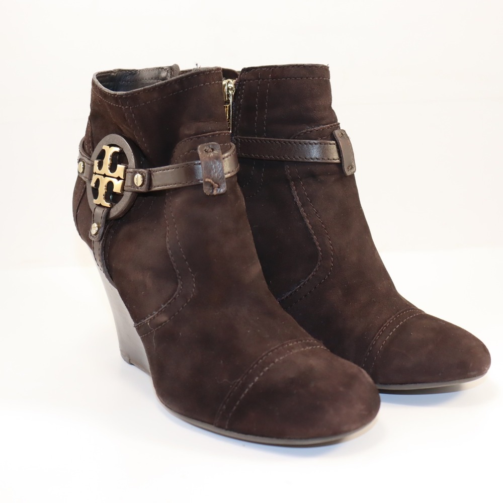 Tory Burch Suede Wedge Ankle Boots Women 8.5 Brown Excellent Logo Medallion 4208 - Picture 1 of 7